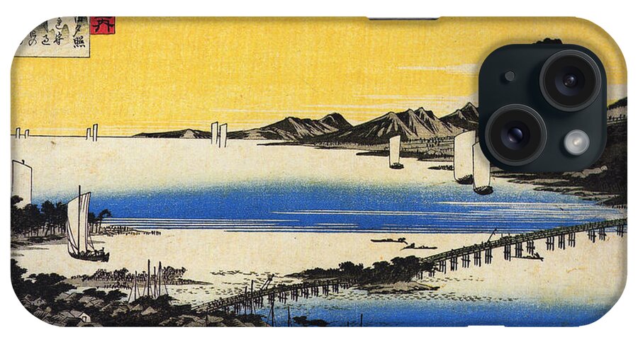 View Of A Long Bridge Across A Lake iPhone Case featuring the painting View of a long bridge across a lake, from Eight Views of Omi ,Hiroshige by Artistic Rifki