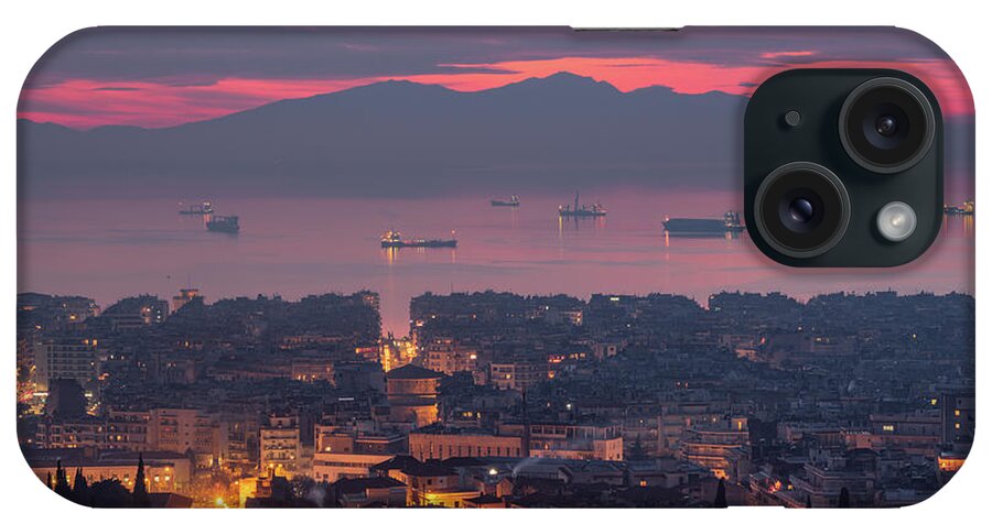 Thessaloniki iPhone Case featuring the photograph View of Thessaloniki City in Greece and Mount Olympus at Dusk by Alexios Ntounas