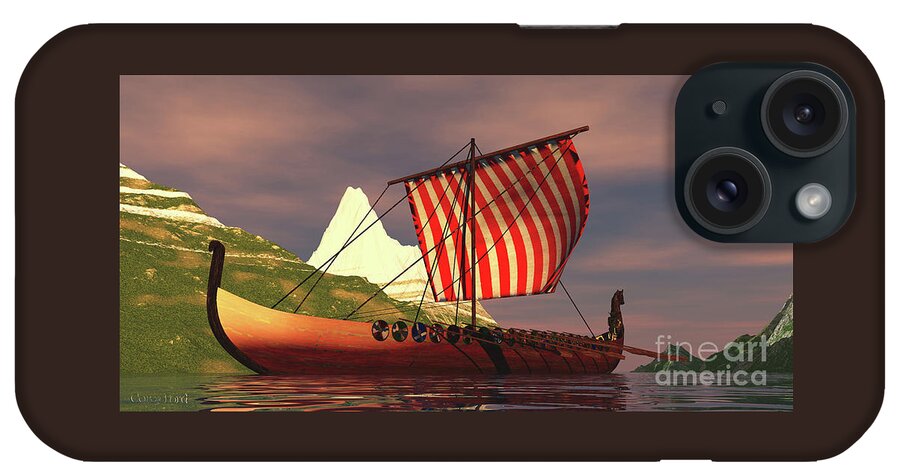 Viking iPhone Case featuring the digital art Viking Ship in Fjord by Corey Ford