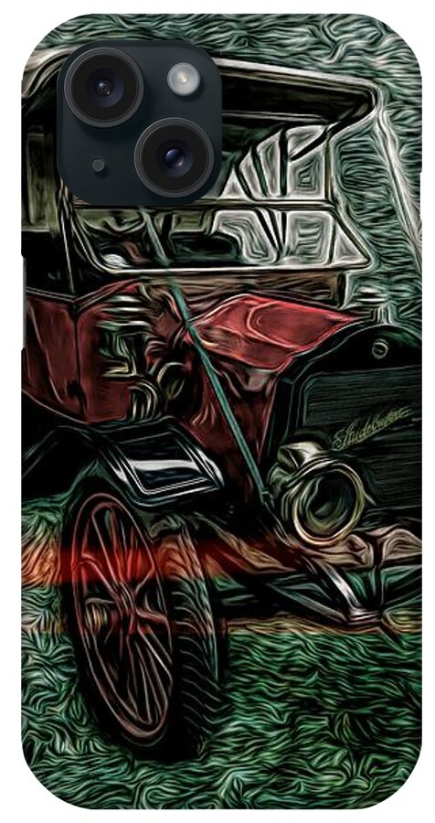 Classic Cars iPhone Case featuring the mixed media Vintage 1908 Studebaker Soft Top Motorcar Red by Joan Stratton