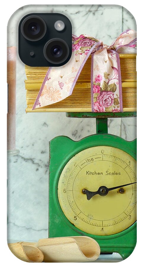 Kitchen Scales iPhone Case featuring the photograph Vintage kitchen scale decor in soft dusty pink and mint green tones. by Milleflore Images