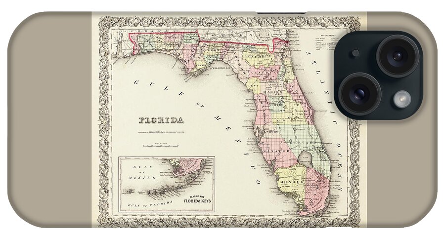 Florida Map iPhone Case featuring the photograph Vintage Map State of Florida 1856 by Carol Japp