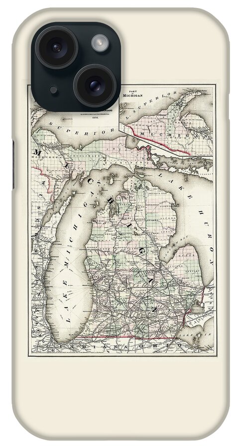 Michigan iPhone Case featuring the photograph Vintage Railroad Map of Michigan 1876 by Carol Japp