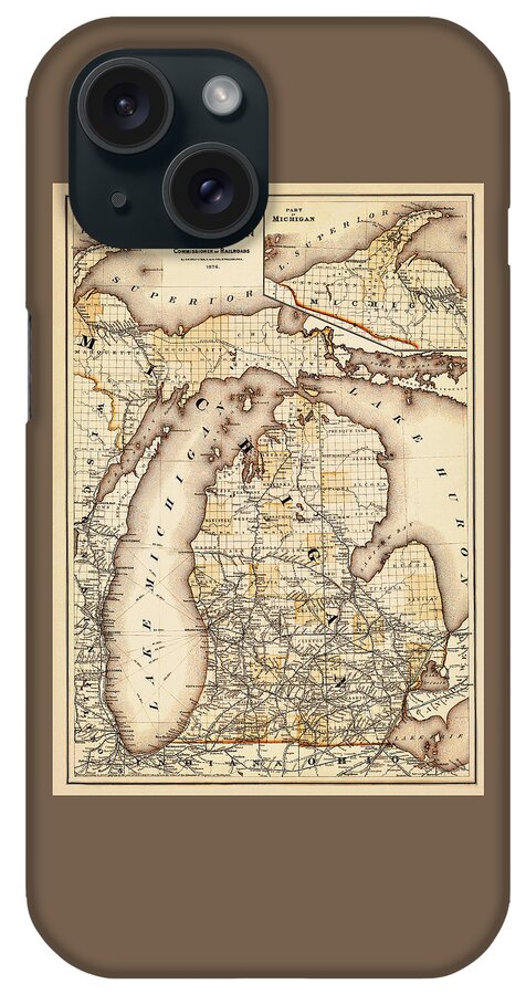Michigan iPhone Case featuring the photograph Vintage Railroad Map of Michigan 1876 Sepia by Carol Japp