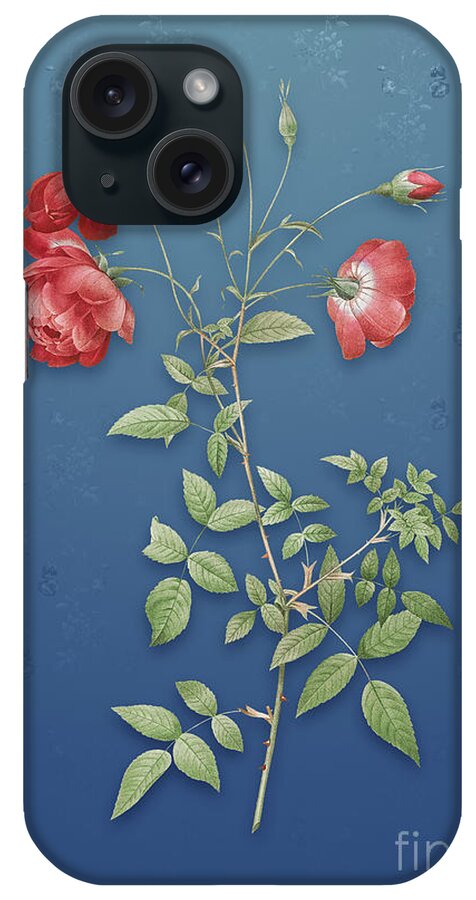 Vintage iPhone Case featuring the mixed media Vintage Red Rose Botanical Art on Bahama Blue Pattern n.1408 by Holy Rock Design