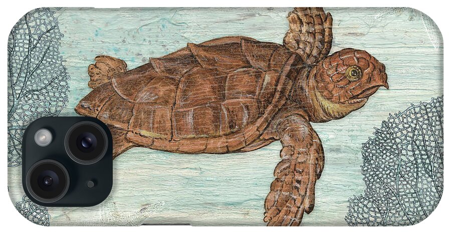 Vintage Modern Collage iPhone Case featuring the painting Vintage Sea Turtle Blue Coral Starfish Rustic Weathered Wood by Audrey Jeanne Roberts