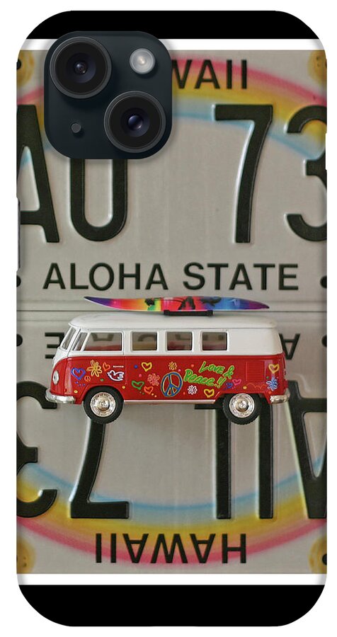Hawaii License Plates iPhone Case featuring the mixed media VW Bus and Hawaii Rainbow Print - Recycled Hawaii License Plates Art by Steven Shaver