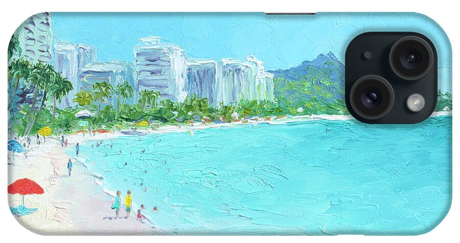 Beach iPhone Case featuring the painting Waikiki beach Honolulu Hawaii, beach scene impression by Jan Matson