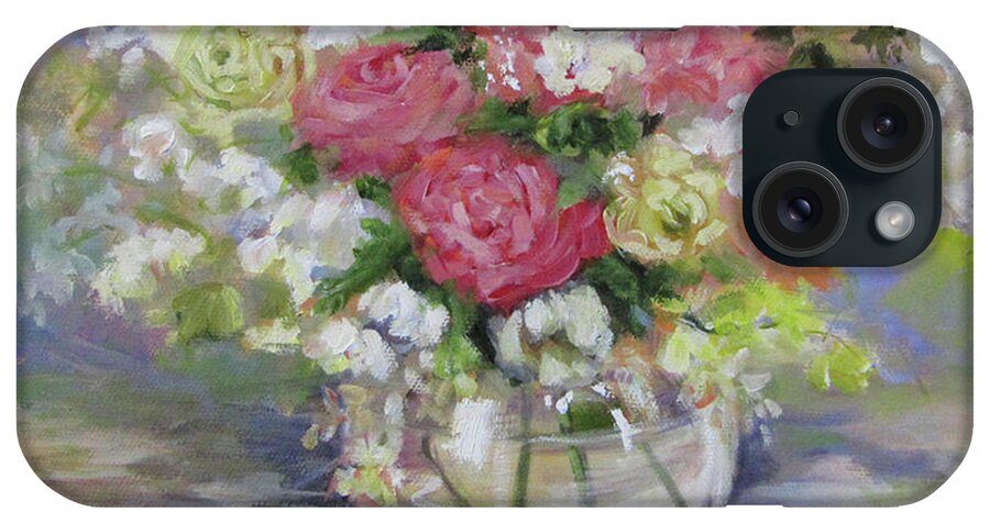 Floral Print iPhone Case featuring the painting Water Vase With Pink Roses and White Flowers by Cheri Wollenberg