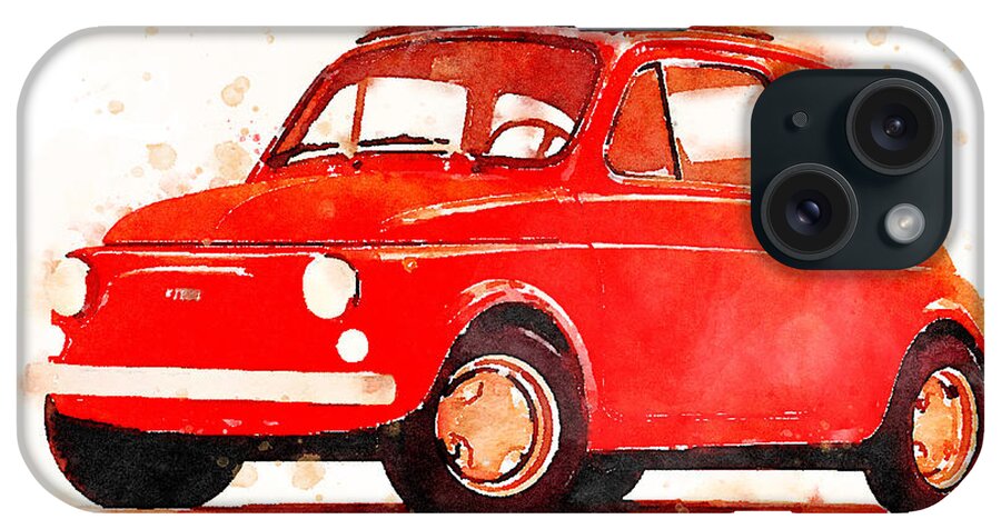Watercolor iPhone Case featuring the painting Watercolor classic Fiat 500 by Vart by Vart