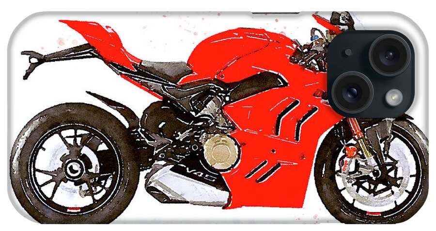 Sport iPhone Case featuring the painting Watercolor Ducati Panigale V4S 2022 motorcycle - oryginal artwork by Vart. by Vart Studio