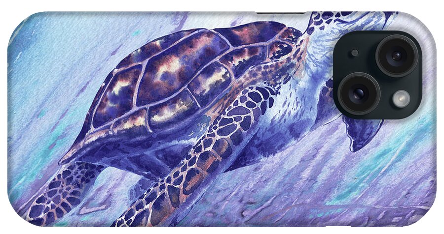 Blue iPhone Case featuring the painting Watercolor Giant Sea Turtle In Purple Ocean by Irina Sztukowski
