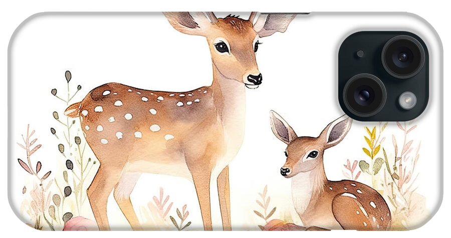 Cervid iPhone Case featuring the painting Watercolor little deer baby and mother watercolour bembi cartoon by N Akkash