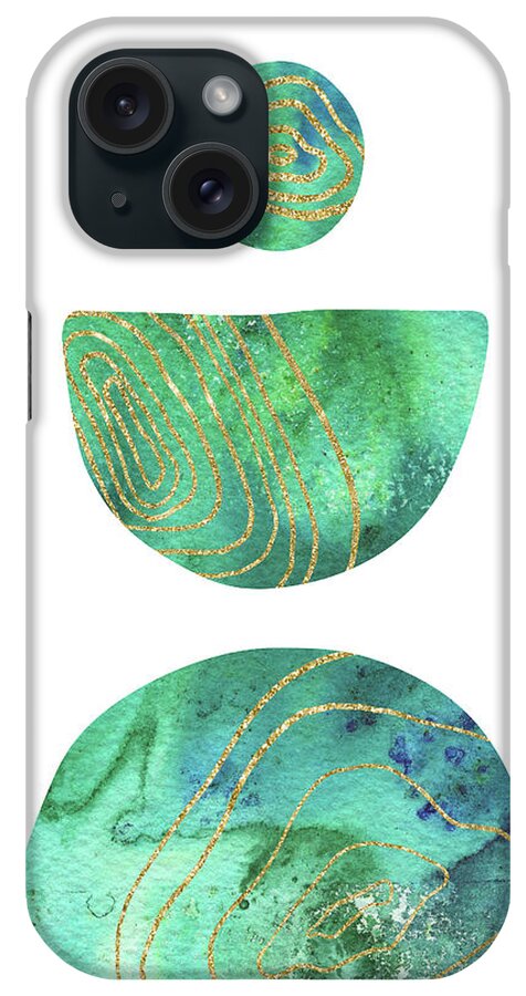 Boho Shapes iPhone Case featuring the painting Watercolor Minimalism Boho Shapes And Silhouettes Green Blue Turquoise Zen Rocks I by Irina Sztukowski
