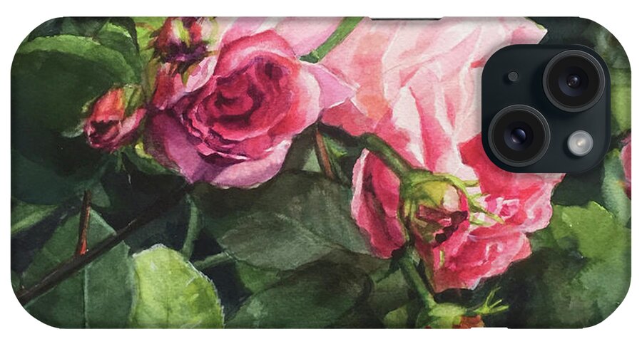 Watercolor iPhone Case featuring the painting Watercolor of Three Pink Roses in the Sun by Greta Corens