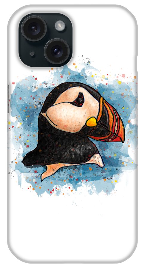Watercolor iPhone Case featuring the painting Watercolor puffin splatter art, Puffin head by Nadia CHEVREL