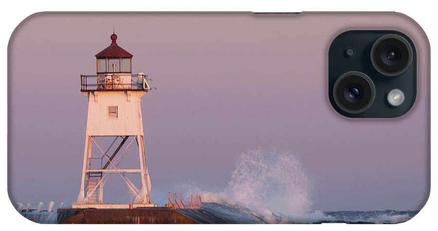 Grand Marais Lighthouse iPhone Case featuring the photograph Waves at Grand Marais by Joe Kopp
