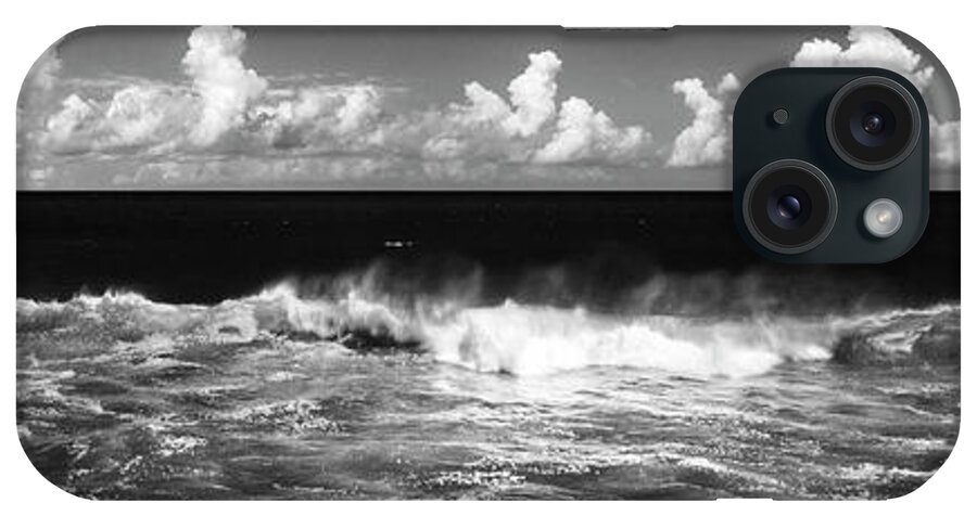 Panorama iPhone Case featuring the photograph Waves crashing in black and white by Sonny Ryse