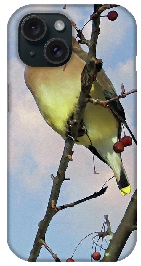 Cedar Waxwing iPhone Case featuring the digital art Wax Wing and Crab apple by Ken Everett