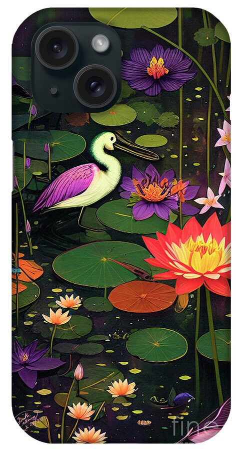Sunsets iPhone 15 Case featuring the digital art Wetland Magic Lily Pads Birds and Flowers by Ginette Callaway