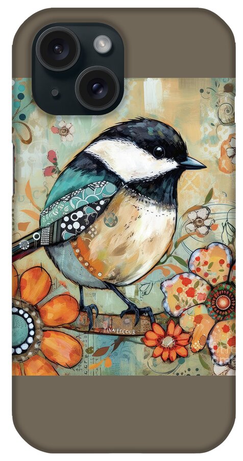 Black Capped Chickadee iPhone Case featuring the painting Whimsical Black Capped Chickadee by Tina LeCour