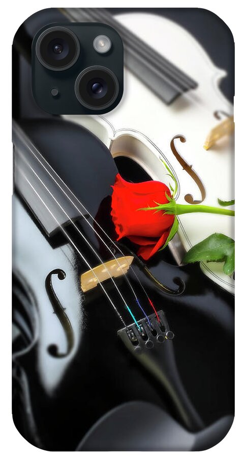 Violin iPhone Case featuring the photograph White And Black Violin With Red Rose by Garry Gay