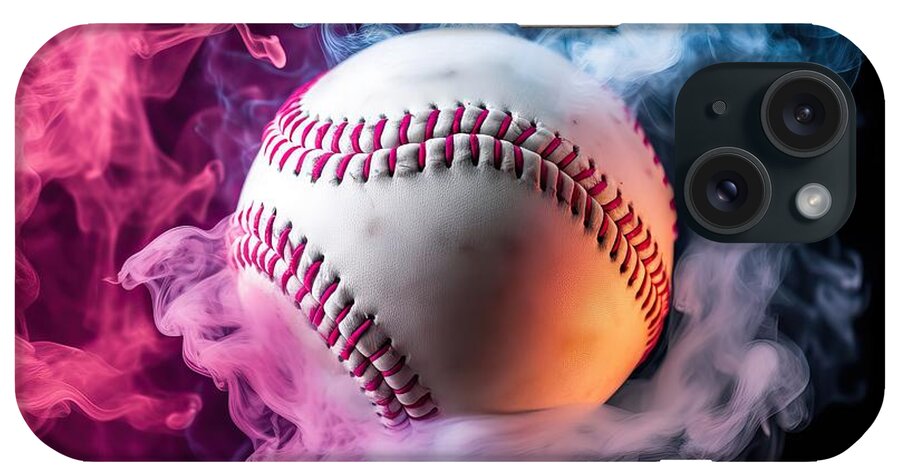 Baseball iPhone Case featuring the painting White baseball ball in multi-colored red smoke from a vape on a black isolated background by N Akkash