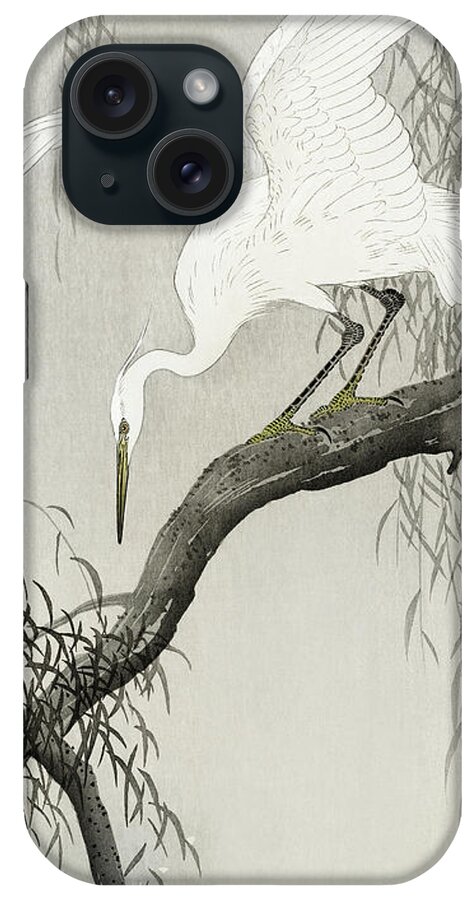 Bird iPhone Case featuring the painting White heron on tree branch by Ohara Koson