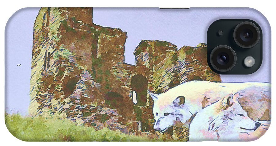 White Wolf iPhone Case featuring the mixed media White Wolves and Castle Ruins Watercolor Painting by Shelli Fitzpatrick