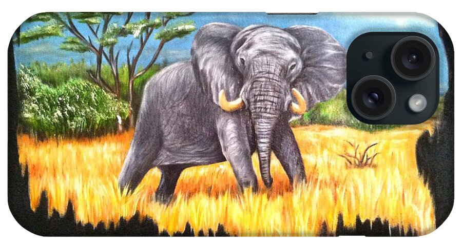 Elephant In It's Habitat Being Watched From A Distance iPhone Case featuring the painting Who's Watching Who? by Ruben Archuleta - Art Gallery