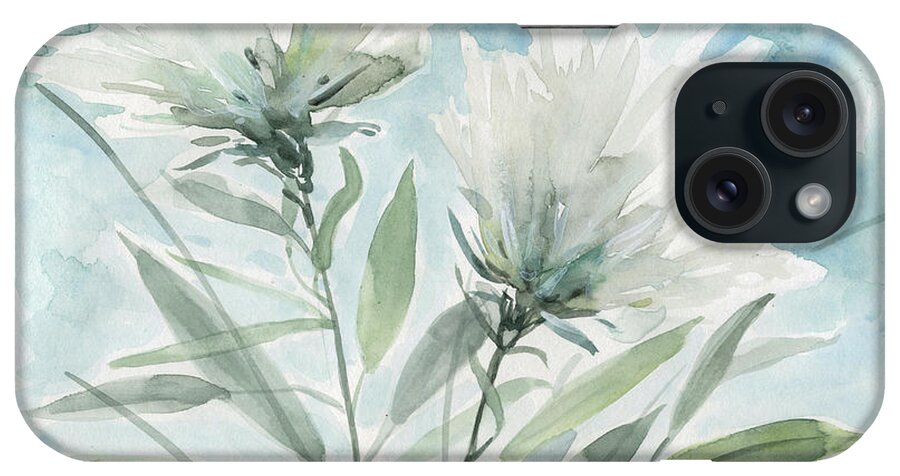 Soft Watercolor White Flower Green Leaves Sky Blue Washy Contemporary Floral iPhone Case featuring the painting Wild Thistle 1 by Carol Robinson