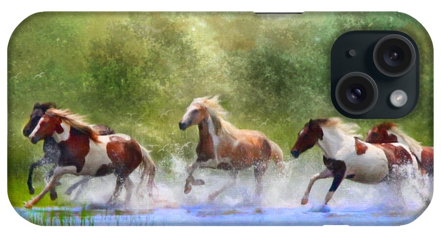 Wild Horses Running Horses Water Nature Animals iPhone Case featuring the digital art Wild, Wild Horses by Posey Clements