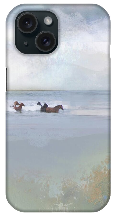 Watercolor iPhone Case featuring the mixed media Wind and Water No. 6 Wild Horses of Ocracoke by Zsanan Studio