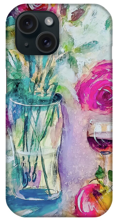 Wine iPhone Case featuring the painting Wine Roses And Apples Watercolor by Lisa Kaiser