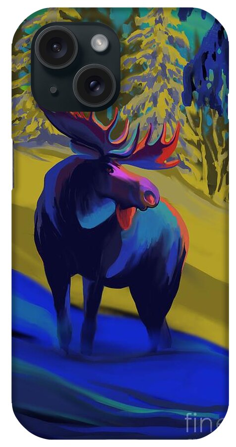 Moose Art iPhone Case featuring the painting Winter blue moose by Sassan Filsoof