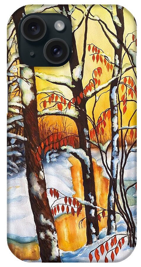 Winter Sunset iPhone Case featuring the painting Winter Creek Sunset 2 by Inese Poga