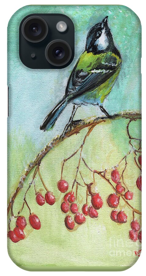 Bird iPhone Case featuring the painting Winter green bird by Remy Francis