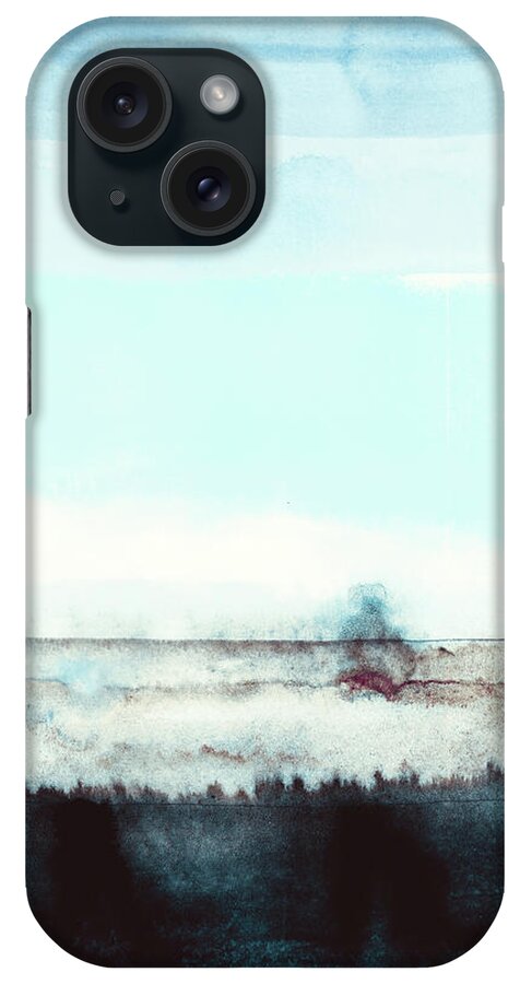 Abstract iPhone Case featuring the painting Winter Mountain Mist - Abstract Landscape Panting In Blue White Brown and Indigo Colors by Modern Abstract