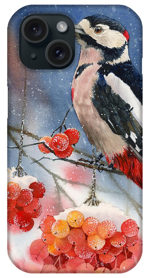 Bird iPhone Case featuring the painting Winter Woodpecker by Espero Art
