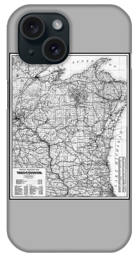 Wisconsin Map iPhone Case featuring the photograph Wisconsin Vintage Railroad Map 1900 Black and White by Carol Japp