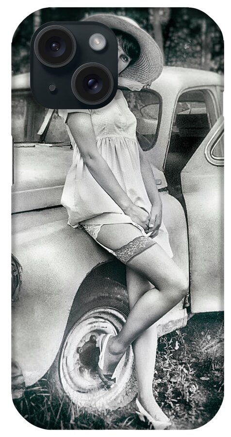 #instagram #retro #car #auto #glamour #edgalagand #galagan #handkerchief #edwardgalagan #eduardgalagan #netherlands #dutch #holland #fashion #pinup #vintage #garters #nederland #artphotography #nylon #nylons #nylongirl #stocking #stockings #pantyhose #tights #kous #hat #pinups #pinupmodel iPhone Case featuring the digital art Woman and Car by Edward Galagan