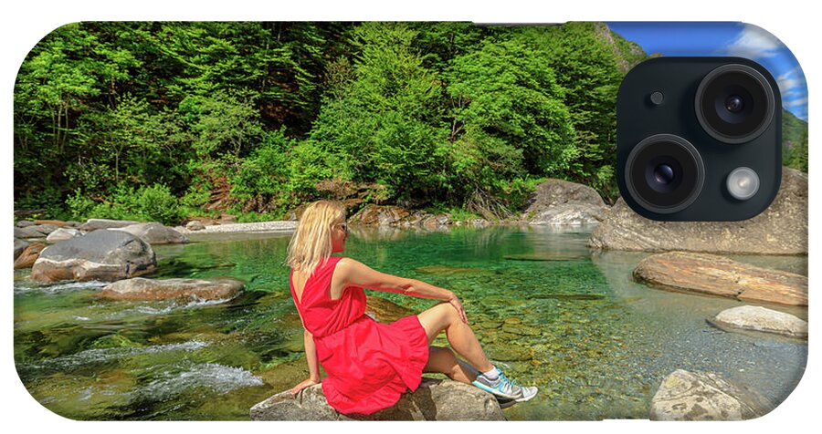 Switzerland iPhone Case featuring the photograph woman by Verzasca riverside by Benny Marty