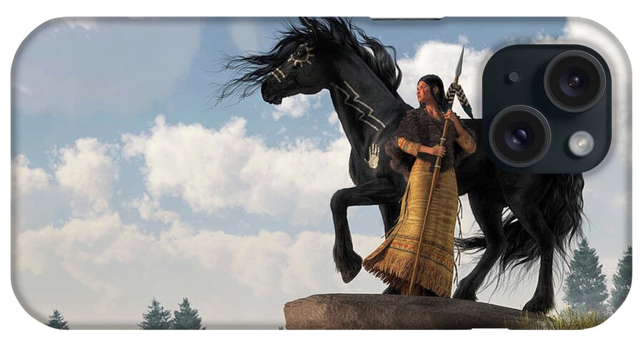 Native American iPhone Case featuring the digital art Woman Warrior and War Horse by Daniel Eskridge