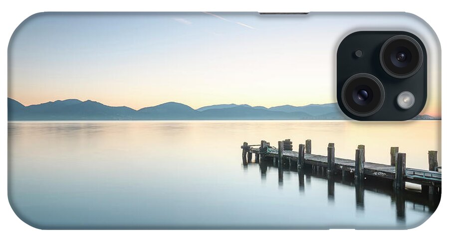 Lake iPhone Case featuring the photograph Wooden pier at sunrise by Stefano Orazzini