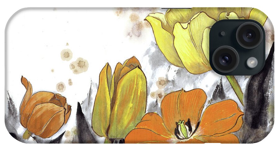Wang Zhenhua iPhone Case featuring the painting Yellow And Orange Tulips by Wang Zhenhua