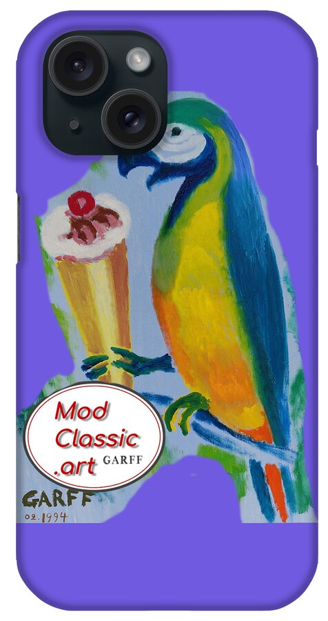 Parrot iPhone Case featuring the painting Yellow Ara with Ice Cream ModClassic Art by Enrico Garff