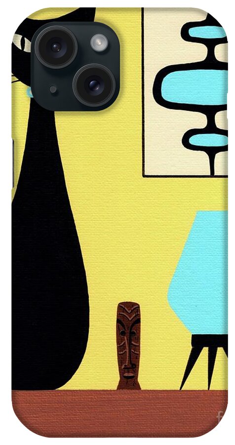 Mid Century Modern Black Cat iPhone Case featuring the painting Yellow Tabletop Cat Beehive Lamp by Donna Mibus