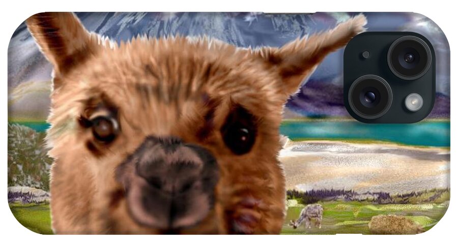 Yogi Alpaca Mountains Alpacas Close Up iPhone Case featuring the mixed media Yogi by Pamela Calhoun