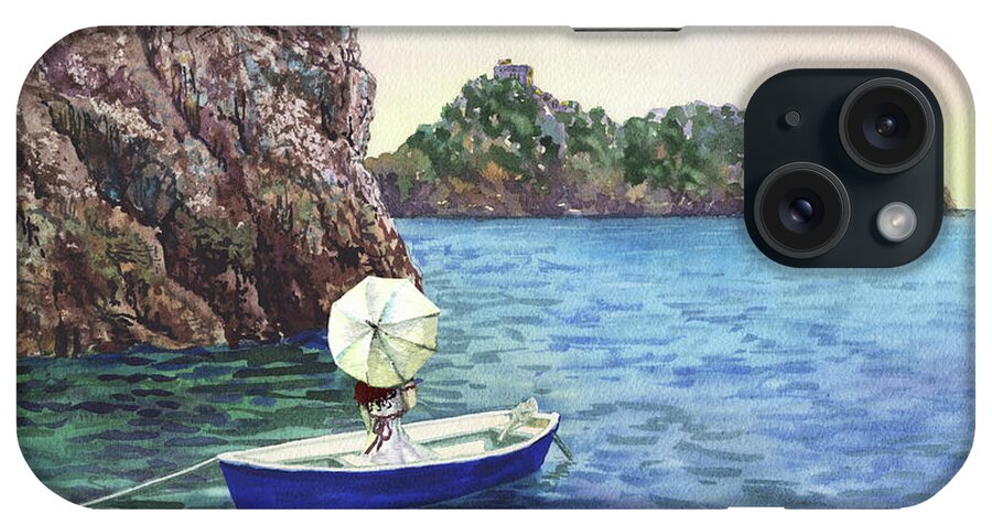 Girl iPhone Case featuring the painting Young Lady With Umbrella On Blue Boat At The Shore Watercolor by Irina Sztukowski