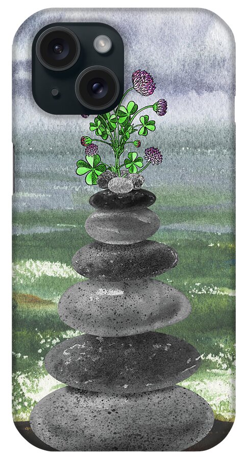Zen Rocks iPhone Case featuring the painting Zen Rocks Cairn Meditative Tower Lucky Clover Flower Watercolor by Irina Sztukowski